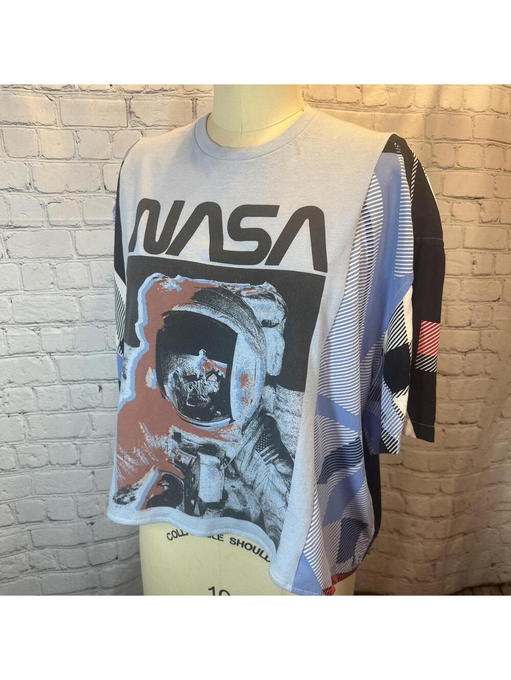 Upcycled Reformed Americana Red White & Blue Oversized NASA Graphic Geo Top